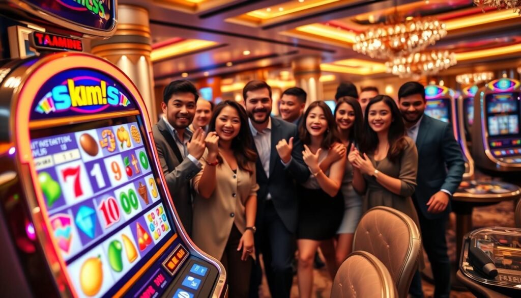 A vibrant and inviting scene showcasing a 3A entertainment city slot machine game. In the foreground, a gleaming, modern slot machine with colorful reels displaying various symbols such as fruits, numbers, and gems. The machine has flashy lights and a digital screen showing potential winnings. In the middle of the image, a diverse group of enthusiastic players, dressed in smart casual clothing, gather around the machine, their expressions filled with excitement and anticipation. The background features a lively casino atmosphere with soft ambient lighting, shiny décor, and other gaming tables blurred in perspective, adding depth. The overall mood is one of thrill and engagement, capturing the essence of a fun gaming experience in a premier entertainment venue.