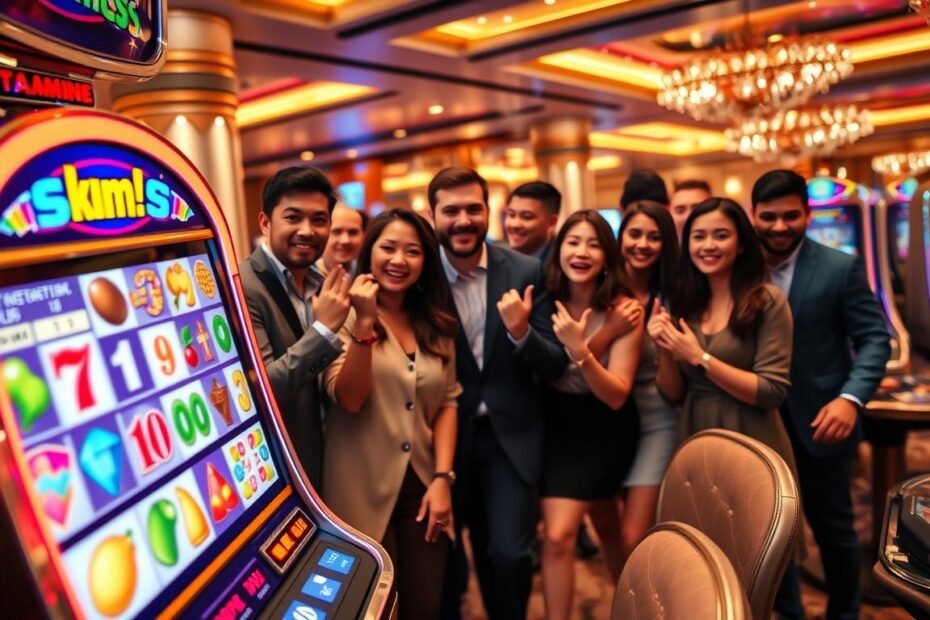 A vibrant and inviting scene showcasing a 3A entertainment city slot machine game. In the foreground, a gleaming, modern slot machine with colorful reels displaying various symbols such as fruits, numbers, and gems. The machine has flashy lights and a digital screen showing potential winnings. In the middle of the image, a diverse group of enthusiastic players, dressed in smart casual clothing, gather around the machine, their expressions filled with excitement and anticipation. The background features a lively casino atmosphere with soft ambient lighting, shiny décor, and other gaming tables blurred in perspective, adding depth. The overall mood is one of thrill and engagement, capturing the essence of a fun gaming experience in a premier entertainment venue.
