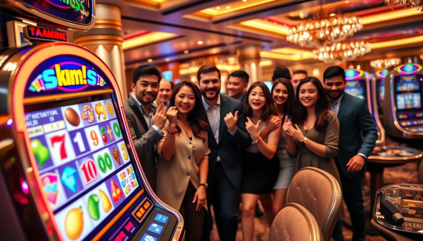 A vibrant and inviting scene showcasing a 3A entertainment city slot machine game. In the foreground, a gleaming, modern slot machine with colorful reels displaying various symbols such as fruits, numbers, and gems. The machine has flashy lights and a digital screen showing potential winnings. In the middle of the image, a diverse group of enthusiastic players, dressed in smart casual clothing, gather around the machine, their expressions filled with excitement and anticipation. The background features a lively casino atmosphere with soft ambient lighting, shiny décor, and other gaming tables blurred in perspective, adding depth. The overall mood is one of thrill and engagement, capturing the essence of a fun gaming experience in a premier entertainment venue.