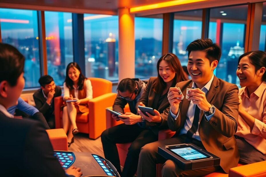 A vibrant scene depicting a group of diverse Taiwanese white-collar workers relaxing in a modern, stylish lounge designed for gaming. In the foreground, two professionals in business attire are engaged in a friendly game of cards, showing expressions of concentration and enjoyment. To the left, a third person is laughing at a light-hearted moment, while a fourth is focused on a sleek gaming console that displays a colorful interface. The middle ground features a cozy seating arrangement with plush chairs and soft lighting that creates an inviting atmosphere. In the background, large windows reveal a cityscape at twilight, with city lights twinkling. The mood is relaxed and upbeat, emphasizing leisure and camaraderie. The overall lighting is warm and welcoming, enhancing the vibrant colors of the gaming devices and surroundings.