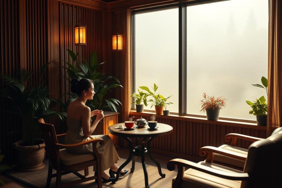 A cozy and intimate tea room designed for high privacy, featuring elegant wooden furniture and warm lighting that creates a cinematic atmosphere. In the foreground, two elegantly dressed individuals are seated at a small round table, sharing a peaceful moment with steaming cups of tea. The middle layer showcases lush indoor plants and softly glowing lanterns, enhancing the tranquil mood. In the background, large frosted windows filter the sunlight, ensuring a secluded environment that emphasizes privacy. The scene conveys a sense of calm and respect for personal space, inviting viewers to appreciate the growing consumer demand for private tea experiences. The overall composition is warm and inviting, captured in a 4:3 aspect ratio.