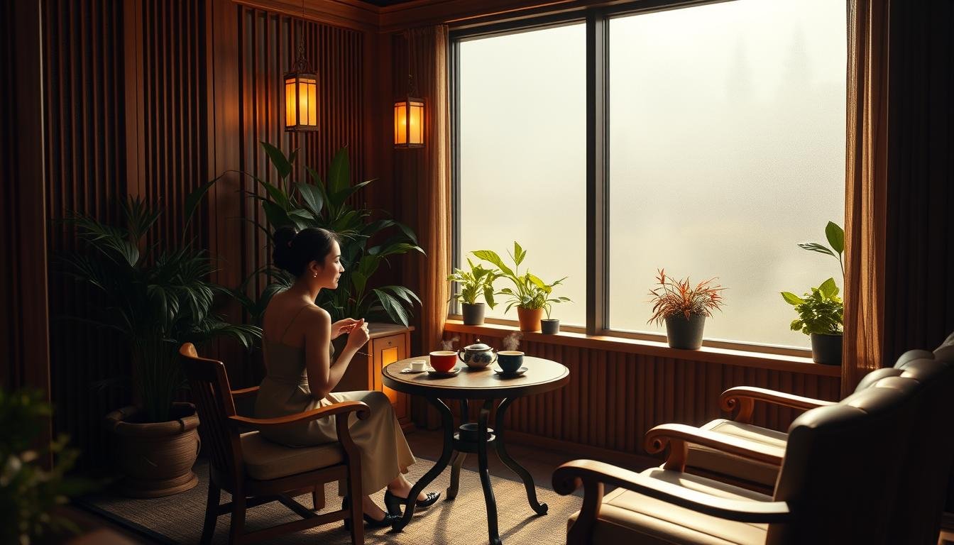 A cozy and intimate tea room designed for high privacy, featuring elegant wooden furniture and warm lighting that creates a cinematic atmosphere. In the foreground, two elegantly dressed individuals are seated at a small round table, sharing a peaceful moment with steaming cups of tea. The middle layer showcases lush indoor plants and softly glowing lanterns, enhancing the tranquil mood. In the background, large frosted windows filter the sunlight, ensuring a secluded environment that emphasizes privacy. The scene conveys a sense of calm and respect for personal space, inviting viewers to appreciate the growing consumer demand for private tea experiences. The overall composition is warm and inviting, captured in a 4:3 aspect ratio.