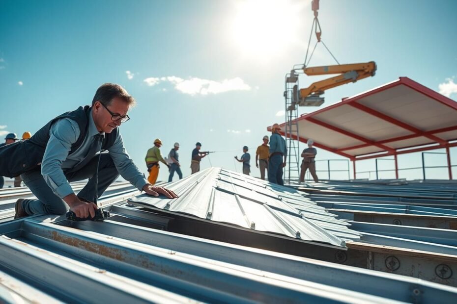 A detailed scene of the installation process of flat roofing sheets on a temporary structure. In the foreground, a professional contractor in business attire carefully aligns a large, metal flat roofing sheet, showcasing their expertise with precise tools. In the middle ground, several workers collaborate, wearing safety helmets and harnesses, using equipment like a crane and drill to secure the sheets. The background features a clear blue sky with bright sunlight illuminating the entire process, casting soft shadows. The atmosphere is industrious and collaborative, highlighting teamwork in a construction setting. The camera angle is slightly elevated, giving a comprehensive view of the workspace while maintaining clarity on the details of the roofing sheets being installed.