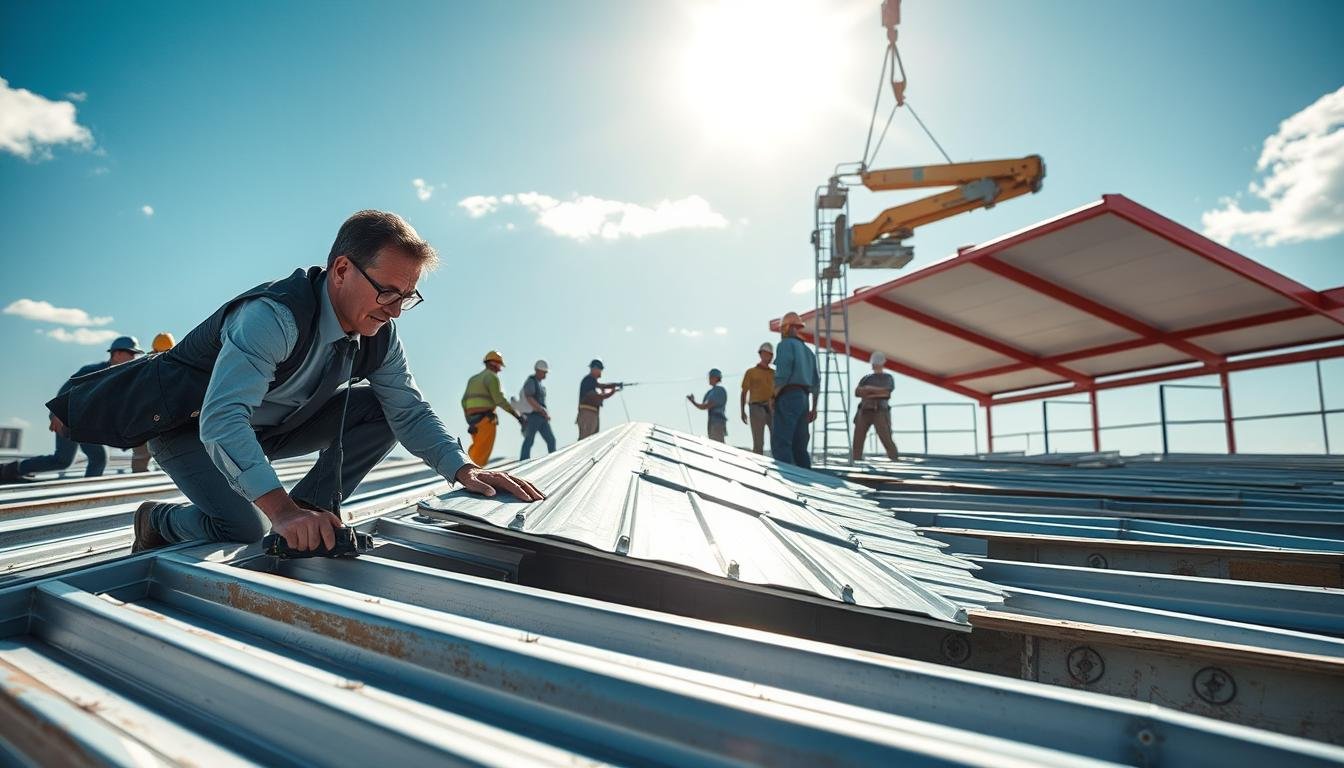 A detailed scene of the installation process of flat roofing sheets on a temporary structure. In the foreground, a professional contractor in business attire carefully aligns a large, metal flat roofing sheet, showcasing their expertise with precise tools. In the middle ground, several workers collaborate, wearing safety helmets and harnesses, using equipment like a crane and drill to secure the sheets. The background features a clear blue sky with bright sunlight illuminating the entire process, casting soft shadows. The atmosphere is industrious and collaborative, highlighting teamwork in a construction setting. The camera angle is slightly elevated, giving a comprehensive view of the workspace while maintaining clarity on the details of the roofing sheets being installed.