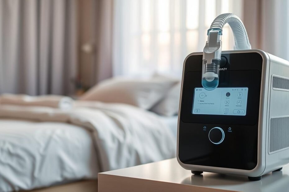 A high-quality sleep apnea machine prominently displayed in the foreground, featuring a sleek, modern design with intuitive controls and a soft, illuminated interface. In the middle ground, a calming bedroom setting is visible, with a neatly made bed and soothing pastel colors. The background includes softly diffused natural light filtering through sheer curtains, conveying a tranquil atmosphere. The focus should be on the machine's details, highlighting its functionality, with soft shadows enhancing its sleek lines. Emphasize comfort and relaxation, evoking a sense of peace and well-being. The overall ambiance should reflect the importance of quality sleep equipment in achieving restful sleep, inviting viewers to appreciate the significance of a reliable sleep device.