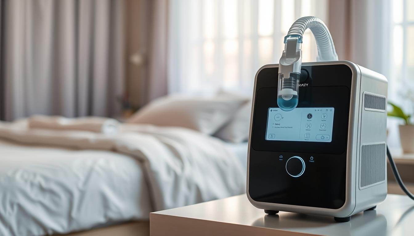 A high-quality sleep apnea machine prominently displayed in the foreground, featuring a sleek, modern design with intuitive controls and a soft, illuminated interface. In the middle ground, a calming bedroom setting is visible, with a neatly made bed and soothing pastel colors. The background includes softly diffused natural light filtering through sheer curtains, conveying a tranquil atmosphere. The focus should be on the machine's details, highlighting its functionality, with soft shadows enhancing its sleek lines. Emphasize comfort and relaxation, evoking a sense of peace and well-being. The overall ambiance should reflect the importance of quality sleep equipment in achieving restful sleep, inviting viewers to appreciate the significance of a reliable sleep device.