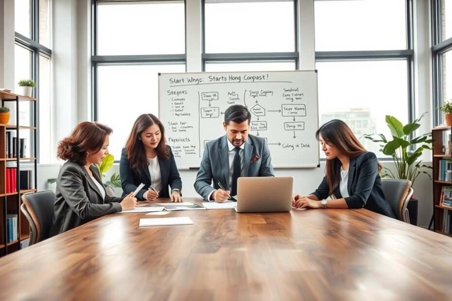 A modern office setting illustrating the process of starting a company in Hong Kong. In the foreground, a diverse group of three professionals—one woman in a smart blazer, one man in a tailored suit, and one woman in business casual attire—are engaged in a discussion around a large wooden table, examining documents and a laptop. The middle ground features a whiteboard with flowcharts and diagrams outlining steps for company registration. The background includes shelves filled with business books and plants, adding a touch of greenery. Soft natural light filters through large windows, creating a warm and inviting atmosphere, capturing the essence of entrepreneurship and collaboration. The camera angle is slightly elevated, focusing on the group while showcasing the workspace environment.