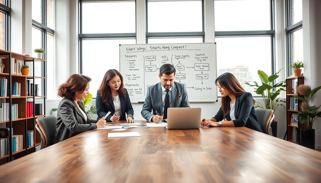 A modern office setting illustrating the process of starting a company in Hong Kong. In the foreground, a diverse group of three professionals—one woman in a smart blazer, one man in a tailored suit, and one woman in business casual attire—are engaged in a discussion around a large wooden table, examining documents and a laptop. The middle ground features a whiteboard with flowcharts and diagrams outlining steps for company registration. The background includes shelves filled with business books and plants, adding a touch of greenery. Soft natural light filters through large windows, creating a warm and inviting atmosphere, capturing the essence of entrepreneurship and collaboration. The camera angle is slightly elevated, focusing on the group while showcasing the workspace environment.
