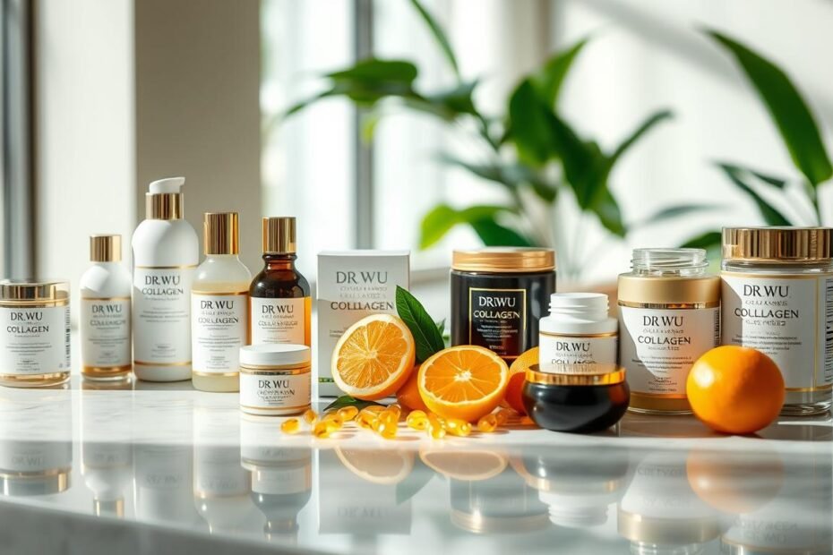 A visually appealing product display showcasing the "DR.WU Collagen Recommended Series" in an elegant setting. In the foreground, a variety of DR.WU collagen products, including bottles and jars, are neatly arranged on a sleek, marble surface, reflecting soft, natural lighting that highlights their luxurious packaging. The middle ground features a delicate arrangement of fresh ingredients like Vitamin E capsules and vibrant, antioxidant-rich fruits, symbolizing freshness and health. The background is softly blurred with hints of greenery, creating an inviting and serene atmosphere. The angle is slightly elevated, allowing for an engaging composition. The overall mood is sophisticated and rejuvenating, conveying a sense of wellness and radiance.