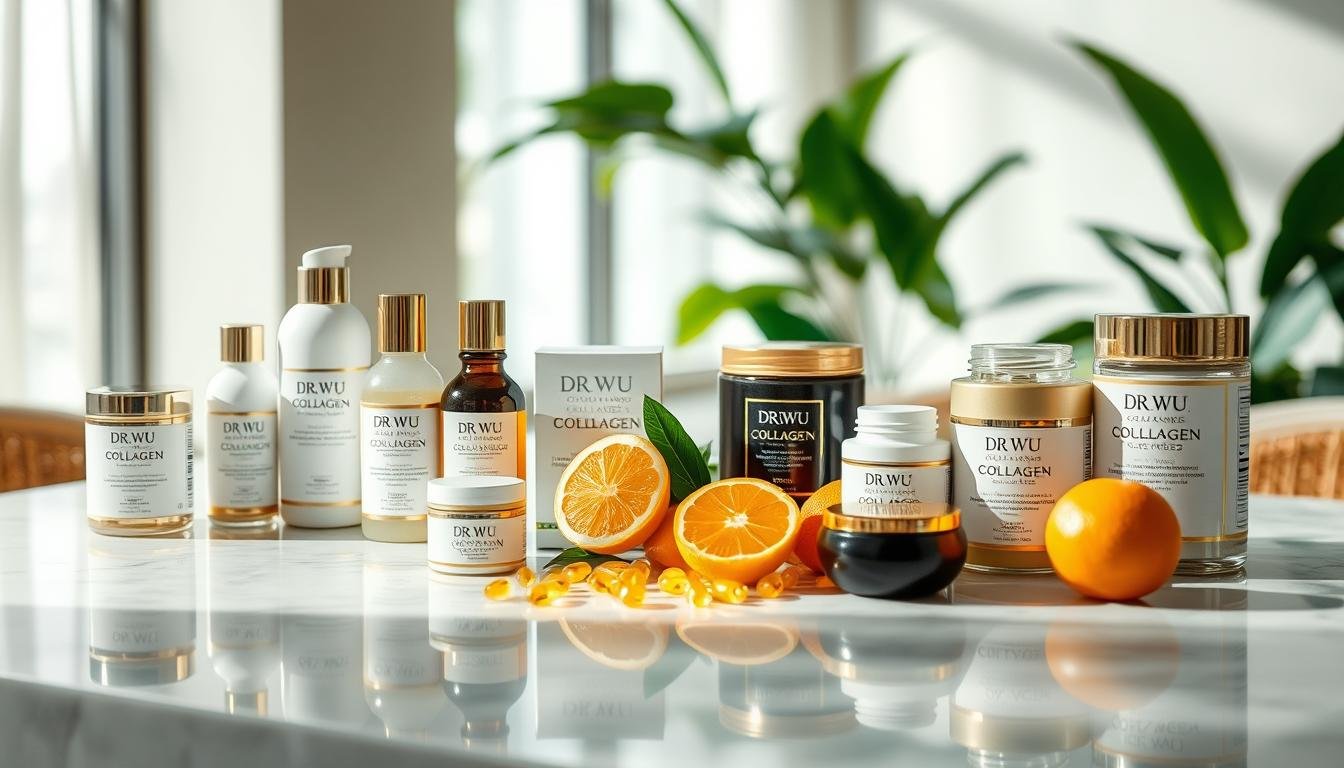 A visually appealing product display showcasing the "DR.WU Collagen Recommended Series" in an elegant setting. In the foreground, a variety of DR.WU collagen products, including bottles and jars, are neatly arranged on a sleek, marble surface, reflecting soft, natural lighting that highlights their luxurious packaging. The middle ground features a delicate arrangement of fresh ingredients like Vitamin E capsules and vibrant, antioxidant-rich fruits, symbolizing freshness and health. The background is softly blurred with hints of greenery, creating an inviting and serene atmosphere. The angle is slightly elevated, allowing for an engaging composition. The overall mood is sophisticated and rejuvenating, conveying a sense of wellness and radiance.