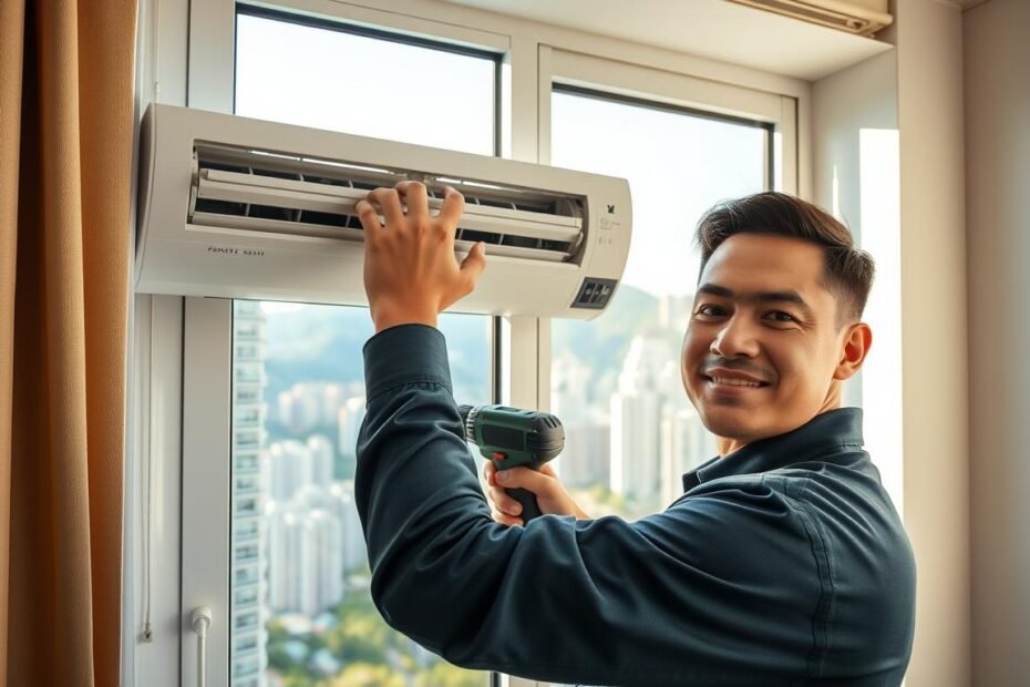 A technician in a professional uniform installs an air conditioning unit in a Hong Kong apartment window. In the foreground, the technician carefully mounts the unit, using tools like a drill and screwdriver. The middle ground features an open window displaying the cityscape of Hong Kong, with high-rise buildings and greenery in the background. Soft, natural daylight streams in, illuminating the scene and casting gentle shadows. The atmosphere is focused and industrious, reflecting a typical installation process. The technician's expression is concentrated yet approachable, showcasing expertise and professionalism in air conditioning installation. The image has a clean, modern aesthetic, reinforcing the theme of home comfort and efficient service.