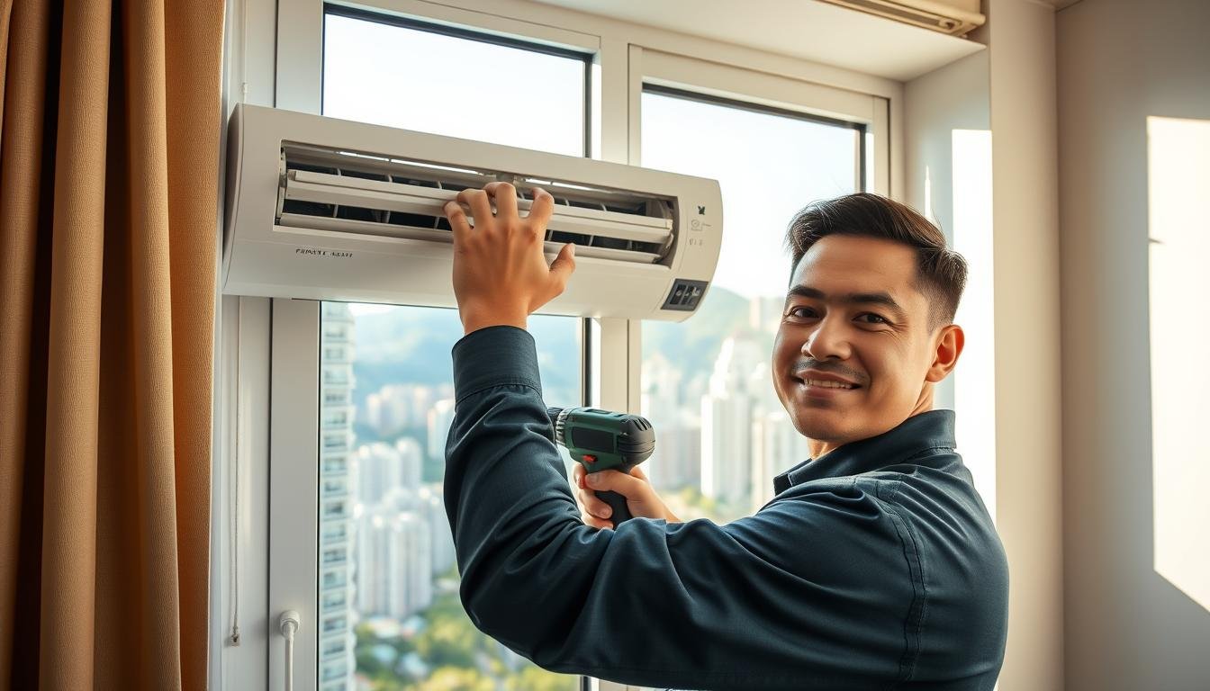 A technician in a professional uniform installs an air conditioning unit in a Hong Kong apartment window. In the foreground, the technician carefully mounts the unit, using tools like a drill and screwdriver. The middle ground features an open window displaying the cityscape of Hong Kong, with high-rise buildings and greenery in the background. Soft, natural daylight streams in, illuminating the scene and casting gentle shadows. The atmosphere is focused and industrious, reflecting a typical installation process. The technician's expression is concentrated yet approachable, showcasing expertise and professionalism in air conditioning installation. The image has a clean, modern aesthetic, reinforcing the theme of home comfort and efficient service.