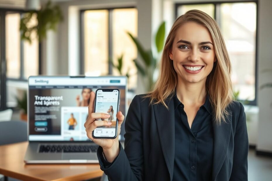 A visually engaging scene showcasing a modern, trustworthy American purchasing platform named "Smilelong." In the foreground, feature a professional woman dressed in smart casual attire, smiling while holding a smartphone displaying a user-friendly interface of the platform. In the middle ground, include a sleek, well-designed website interface on a laptop, highlighting transparent return and exchange policies. The background depicts a bright, airy office space with large windows letting in warm, natural light, and subtle greenery to create a welcoming atmosphere. Soft focus on the background elements, ensuring clarity on the main subjects. Capture an overall mood of reliability and confidence, emphasizing the theme of trustworthiness in online shopping.