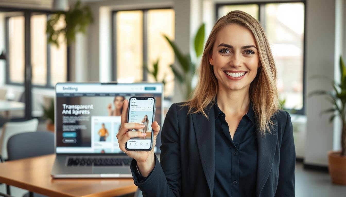 A visually engaging scene showcasing a modern, trustworthy American purchasing platform named "Smilelong." In the foreground, feature a professional woman dressed in smart casual attire, smiling while holding a smartphone displaying a user-friendly interface of the platform. In the middle ground, include a sleek, well-designed website interface on a laptop, highlighting transparent return and exchange policies. The background depicts a bright, airy office space with large windows letting in warm, natural light, and subtle greenery to create a welcoming atmosphere. Soft focus on the background elements, ensuring clarity on the main subjects. Capture an overall mood of reliability and confidence, emphasizing the theme of trustworthiness in online shopping.
