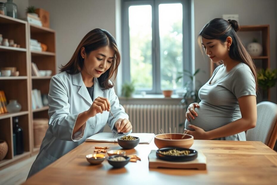 A serene and inviting setting showcasing a professional Chinese medicine practitioner assisting a pregnant woman in a warm, softly lit clinic. In the foreground, depict the practitioner, a middle-aged Asian woman in a white coat, gently examining a set of acupuncture needles and herbs laid out on a wooden table. The pregnant woman, around her third trimester, appears relaxed and engaged, wearing a modest, comfortable dress. The middle ground should feature shelves filled with herbal remedies and traditional Chinese medicine books. In the background, include a window with soft, natural light filtering through, highlighting a peaceful garden outside. The atmosphere is calm and supportive, emphasizing the holistic approach to enhancing fertility and wellness during pregnancy.