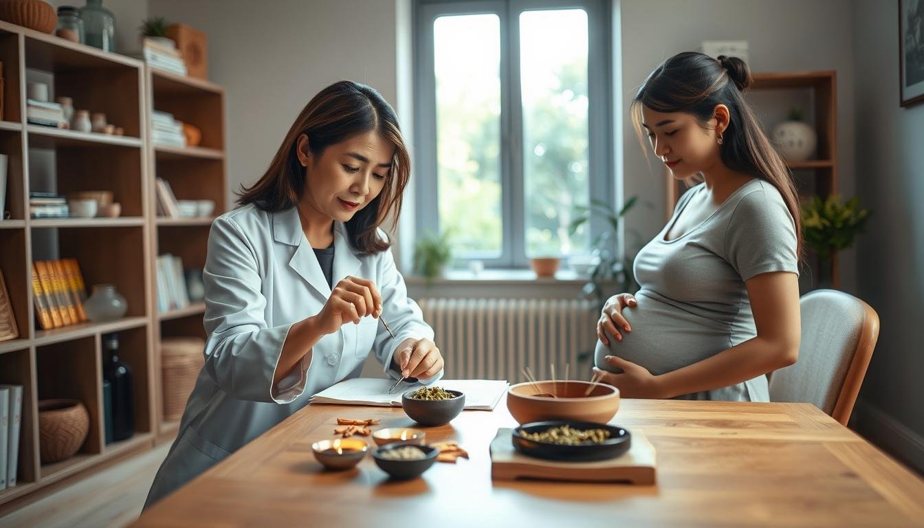 A serene and inviting setting showcasing a professional Chinese medicine practitioner assisting a pregnant woman in a warm, softly lit clinic. In the foreground, depict the practitioner, a middle-aged Asian woman in a white coat, gently examining a set of acupuncture needles and herbs laid out on a wooden table. The pregnant woman, around her third trimester, appears relaxed and engaged, wearing a modest, comfortable dress. The middle ground should feature shelves filled with herbal remedies and traditional Chinese medicine books. In the background, include a window with soft, natural light filtering through, highlighting a peaceful garden outside. The atmosphere is calm and supportive, emphasizing the holistic approach to enhancing fertility and wellness during pregnancy.