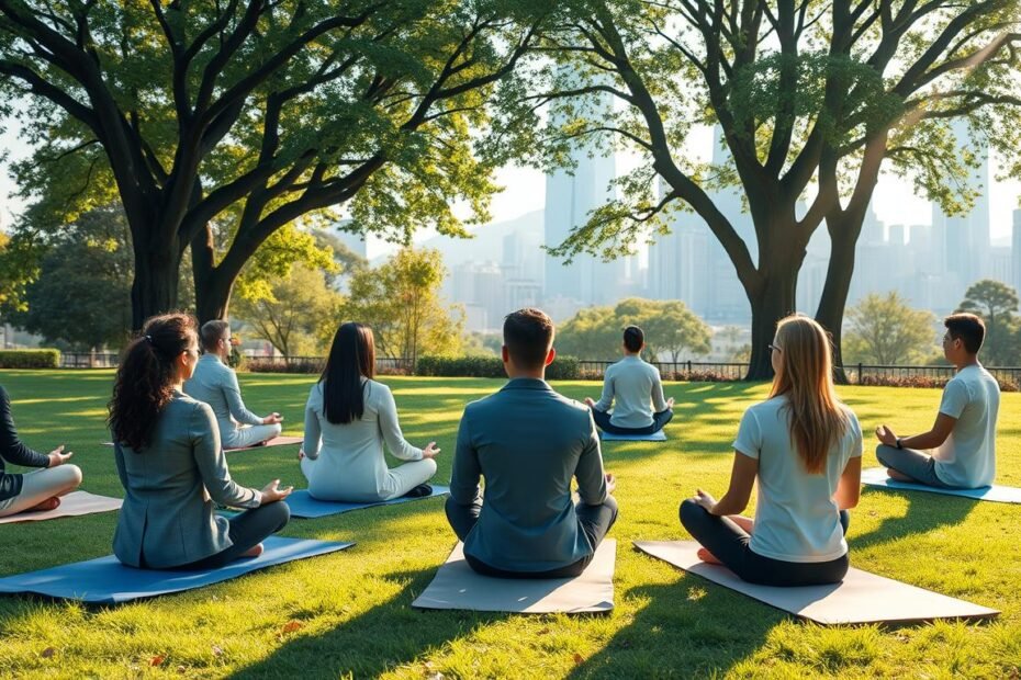 A serene, calming scene illustrating mindfulness practices to prevent anxiety in a high-pressure environment. In the foreground, a diverse group of individuals, dressed in professional business attire, sits in a circle on yoga mats in a sunlit park setting, engaged in meditation and deep breathing exercises. In the middle ground, peaceful trees and soft green grass surround them, conveying tranquility. In the background, the skyline of a busy urban area is visible, symbolizing the high-paced life of Hong Kong. The lighting is warm and soft, with gentle rays filtering through the leaves, creating a soothing atmosphere. The overall mood is peaceful and supportive, emphasizing wellness and mental health awareness in the face of stress.