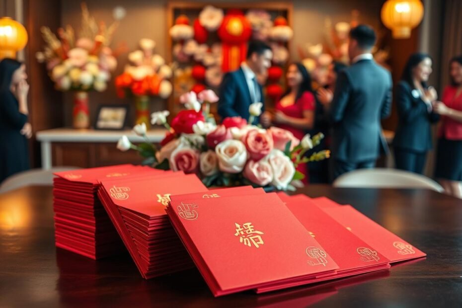 A beautifully arranged display of traditional red envelopes (紅包) on an elegant wooden table, symbolizing wedding gift money. In the foreground, several vibrant red envelopes are neatly stacked, each embossed with gold characters representing good fortune. The middle ground features a tasteful backdrop of floral decorations, incorporating symbolic flowers like peonies and chrysanthemums, enhancing the festive atmosphere. Soft, warm lighting illuminates the scene, creating a welcoming ambiance. In the background, blurred images of friends and family in professional attire can be seen, engaging in joyful conversation, emphasizing the communal aspect of gift-giving. The overall mood is warm, celebratory, and rich in cultural significance, reflecting the importance of the traditions surrounding the giving of money gifts in weddings.