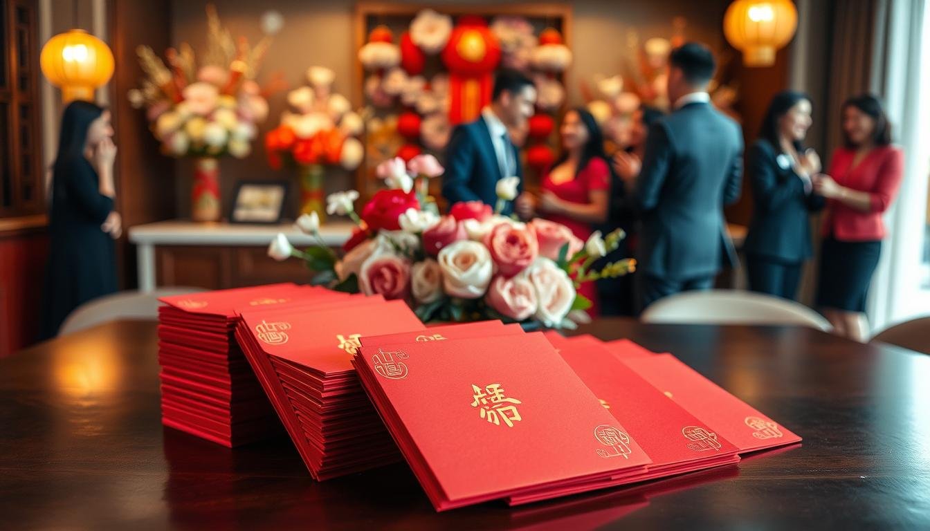 A beautifully arranged display of traditional red envelopes (紅包) on an elegant wooden table, symbolizing wedding gift money. In the foreground, several vibrant red envelopes are neatly stacked, each embossed with gold characters representing good fortune. The middle ground features a tasteful backdrop of floral decorations, incorporating symbolic flowers like peonies and chrysanthemums, enhancing the festive atmosphere. Soft, warm lighting illuminates the scene, creating a welcoming ambiance. In the background, blurred images of friends and family in professional attire can be seen, engaging in joyful conversation, emphasizing the communal aspect of gift-giving. The overall mood is warm, celebratory, and rich in cultural significance, reflecting the importance of the traditions surrounding the giving of money gifts in weddings.