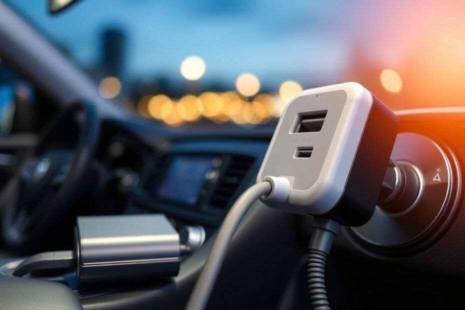 A close-up view of a portable car power adapter designed for CPAP machines, showcasing its features in a well-lit environment. The foreground highlights the adapter's sleek, modern design with clear labeling of essential ports for safe connections. In the middle, a well-organized car interior is displayed, with the adapter plugged into a vehicle's power outlet. The background features a softly blurred image of a nighttime setting, conveying a sense of calm and safety. The lighting is warm and inviting, mimicking the glow of the car dashboard. The overall mood is reassuring, emphasizing the importance of safe connectivity for respiratory devices.