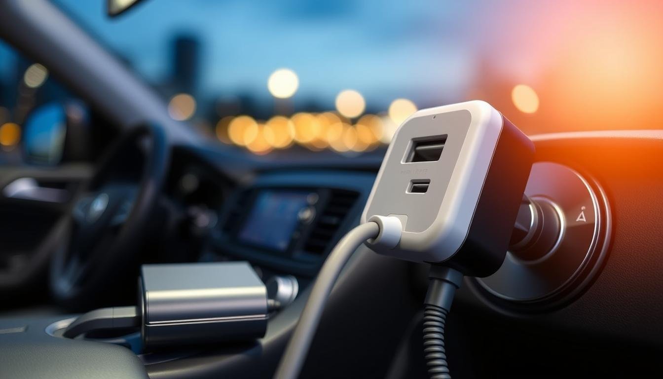 A close-up view of a portable car power adapter designed for CPAP machines, showcasing its features in a well-lit environment. The foreground highlights the adapter's sleek, modern design with clear labeling of essential ports for safe connections. In the middle, a well-organized car interior is displayed, with the adapter plugged into a vehicle's power outlet. The background features a softly blurred image of a nighttime setting, conveying a sense of calm and safety. The lighting is warm and inviting, mimicking the glow of the car dashboard. The overall mood is reassuring, emphasizing the importance of safe connectivity for respiratory devices.