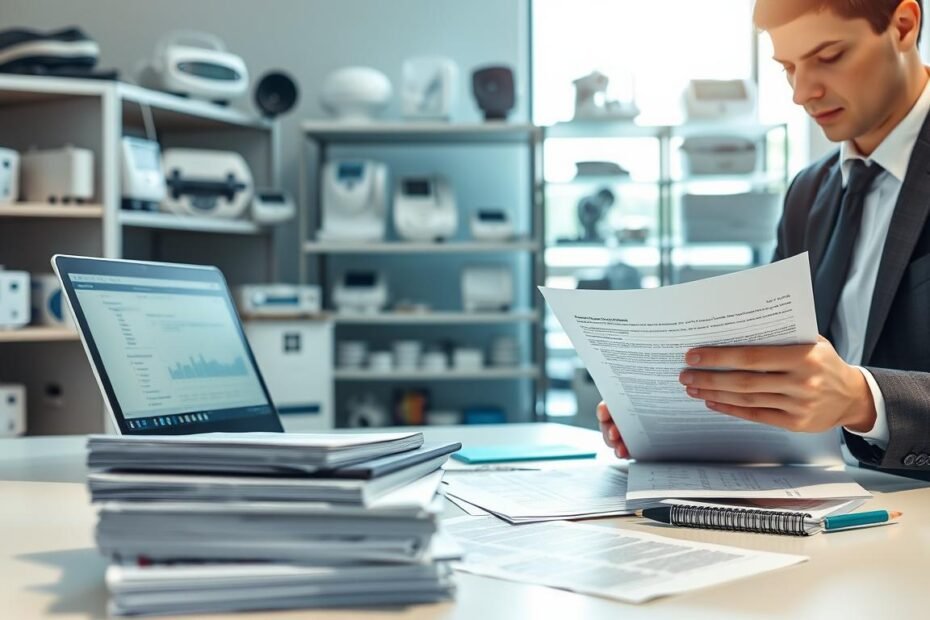 A professional office environment focused on the preparation of medical device application paperwork. In the foreground, a clean desk features neatly stacked documents, including application forms, regulatory guidelines, and a laptop displaying relevant software. A person dressed in professional business attire is intently reviewing a document, highlighting key points. In the middle ground, shelves filled with medical devices, including sleep apnea machines and respiratory equipment, reflect industry standards. The background shows a large window with natural light streaming in, creating a bright and optimistic atmosphere. The overall mood is focused and diligent, symbolizing the importance of compliance in medical device application processes. Use a shallow depth of field to emphasize the desk while subtly blurring the background.