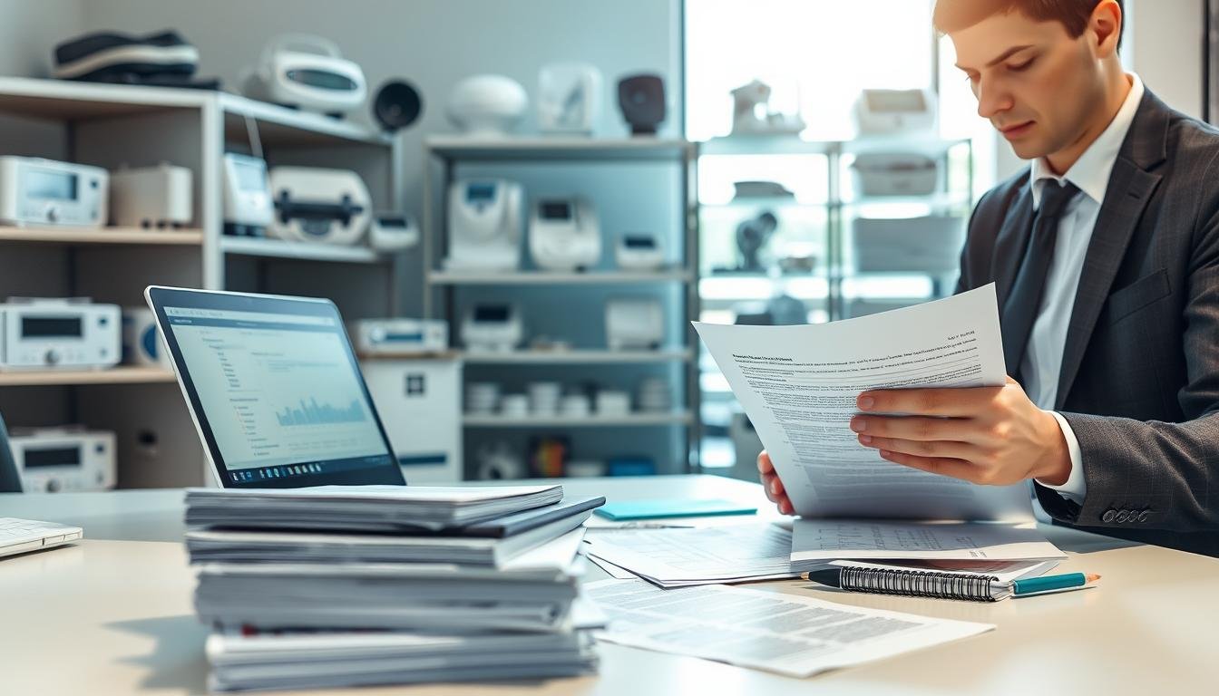 A professional office environment focused on the preparation of medical device application paperwork. In the foreground, a clean desk features neatly stacked documents, including application forms, regulatory guidelines, and a laptop displaying relevant software. A person dressed in professional business attire is intently reviewing a document, highlighting key points. In the middle ground, shelves filled with medical devices, including sleep apnea machines and respiratory equipment, reflect industry standards. The background shows a large window with natural light streaming in, creating a bright and optimistic atmosphere. The overall mood is focused and diligent, symbolizing the importance of compliance in medical device application processes. Use a shallow depth of field to emphasize the desk while subtly blurring the background.