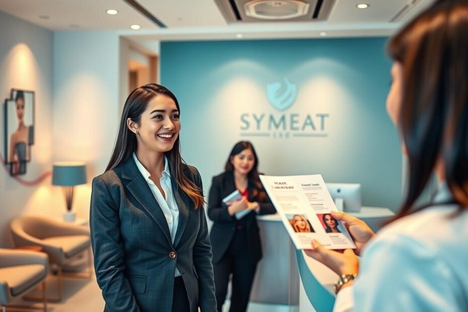 A vibrant and engaging scene in a modern beauty clinic focusing on laser hair removal, highlighting a promotional offer for students. In the foreground, a smiling young woman dressed in a smart casual outfit looks at a friendly receptionist, who is explaining the student discount program, showcasing enthusiasm and professionalism. In the middle, a beautifully designed reception area is visible with stylish decor, a sleek consultation desk, and brochures about hair removal services. The background features serene, calming colors with soft, diffused lighting, creating a warm and inviting atmosphere. A high-angle shot captures the friendly interaction, emphasizing community support for students. The overall mood is positive and encouraging, depicting a trend towards accessibility in beauty treatments for students.