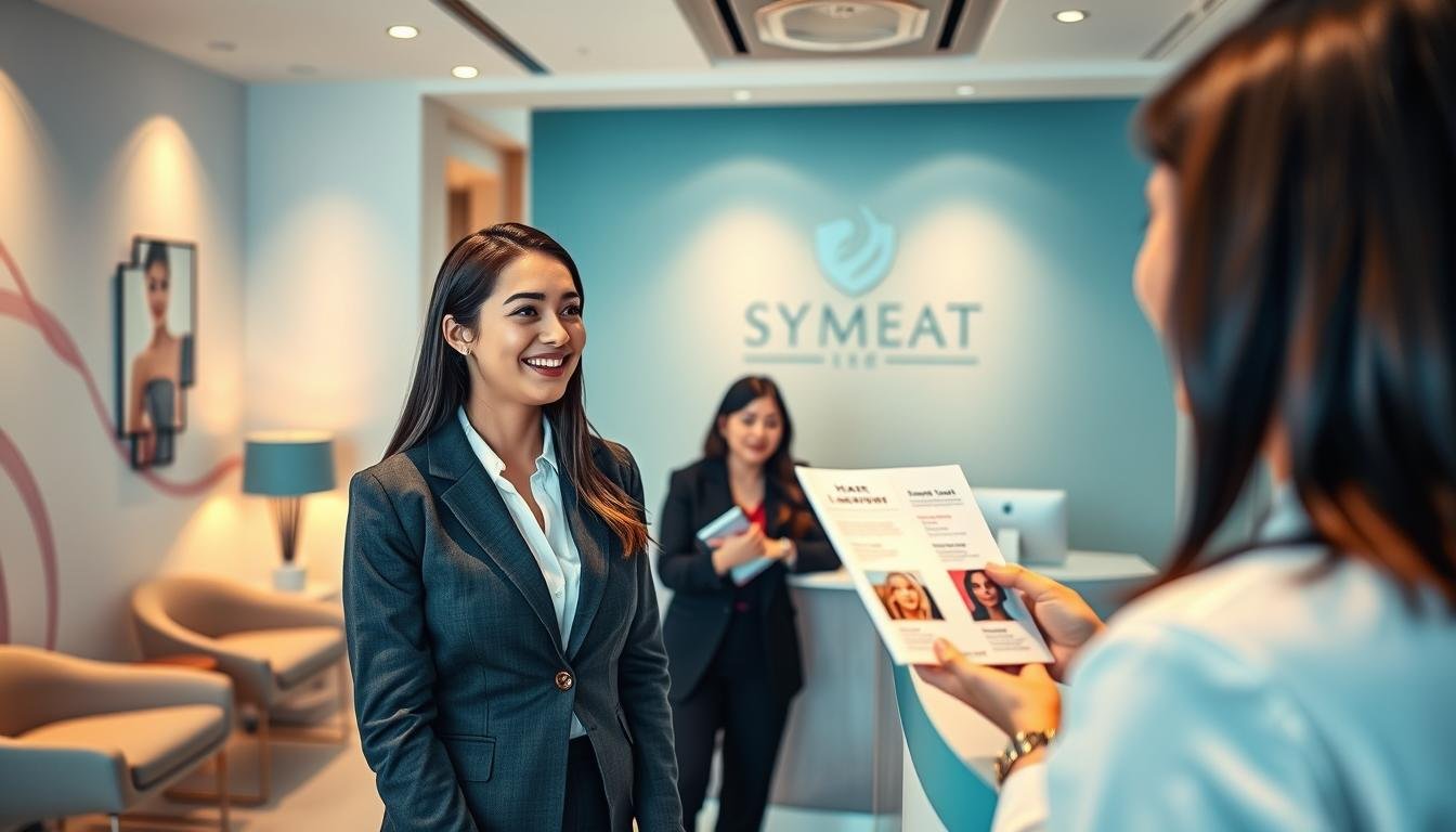 A vibrant and engaging scene in a modern beauty clinic focusing on laser hair removal, highlighting a promotional offer for students. In the foreground, a smiling young woman dressed in a smart casual outfit looks at a friendly receptionist, who is explaining the student discount program, showcasing enthusiasm and professionalism. In the middle, a beautifully designed reception area is visible with stylish decor, a sleek consultation desk, and brochures about hair removal services. The background features serene, calming colors with soft, diffused lighting, creating a warm and inviting atmosphere. A high-angle shot captures the friendly interaction, emphasizing community support for students. The overall mood is positive and encouraging, depicting a trend towards accessibility in beauty treatments for students.