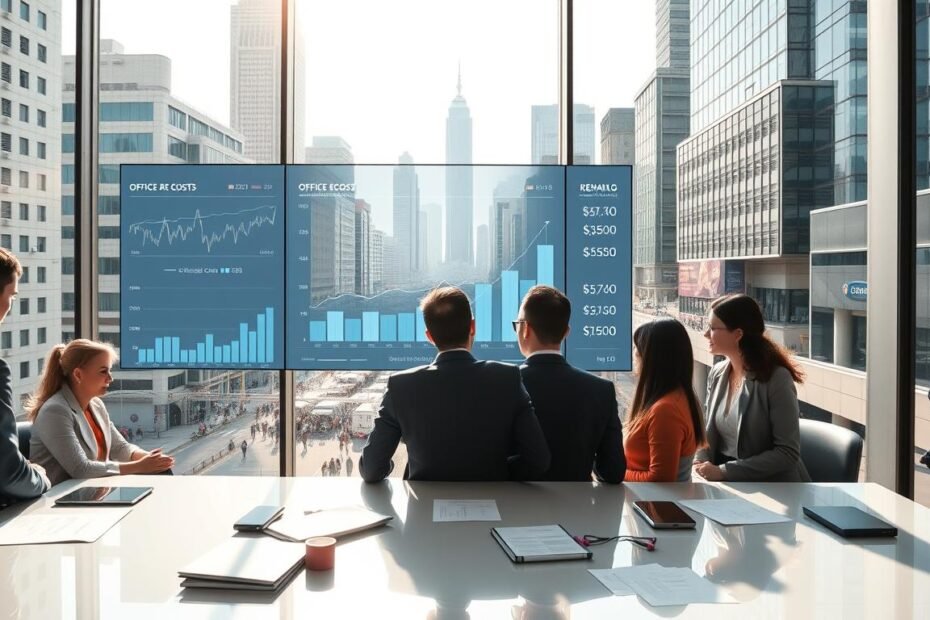 A vibrant office environment in Central Hong Kong, showcasing a modern workspace with large windows offering a view of the iconic skyline. In the foreground, a diverse group of professionals in business attire are engaged in a lively discussion around a sleek conference table, with digital devices and financial documents scattered about. The middle layer features a large digital screen displaying fluctuating budget graphs and rental prices for office space. In the background, the bustling streets of Central can be seen, filled with skyscrapers and busy pedestrians. Bright, natural sunlight floods the space, creating an energetic yet professional atmosphere. The composition should emphasize clarity and organization, reflecting the strategic analysis of office rental costs in this premier location. Ideal for a corporate finance context.