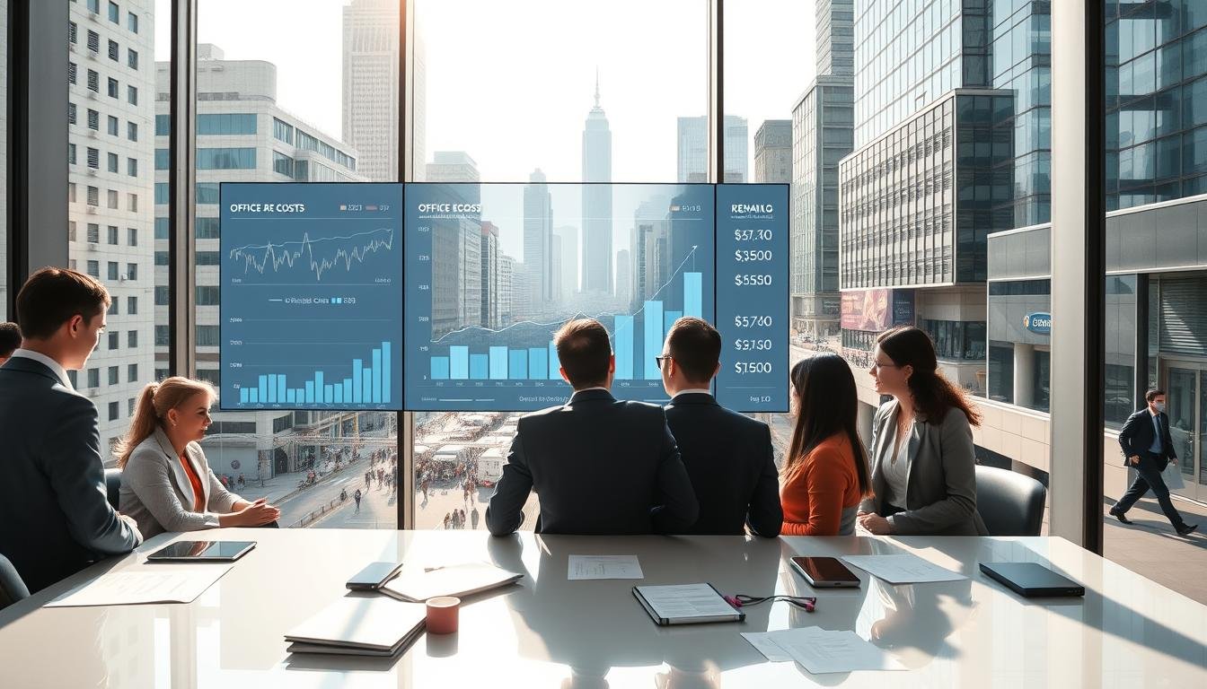 A vibrant office environment in Central Hong Kong, showcasing a modern workspace with large windows offering a view of the iconic skyline. In the foreground, a diverse group of professionals in business attire are engaged in a lively discussion around a sleek conference table, with digital devices and financial documents scattered about. The middle layer features a large digital screen displaying fluctuating budget graphs and rental prices for office space. In the background, the bustling streets of Central can be seen, filled with skyscrapers and busy pedestrians. Bright, natural sunlight floods the space, creating an energetic yet professional atmosphere. The composition should emphasize clarity and organization, reflecting the strategic analysis of office rental costs in this premier location. Ideal for a corporate finance context.